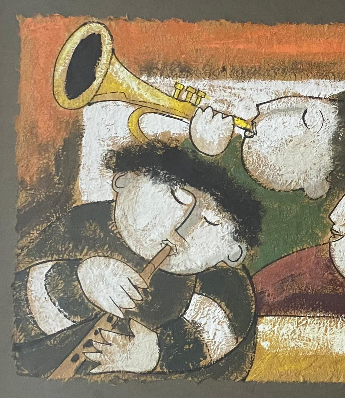 Large Oil Painting by Joyce Roybal, Three Young Musicians — detail 5