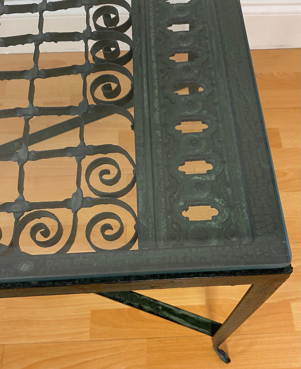 Decorative Wrought Iron Cocktail Coffee Table, Architectural Element Glass Top — detail 5