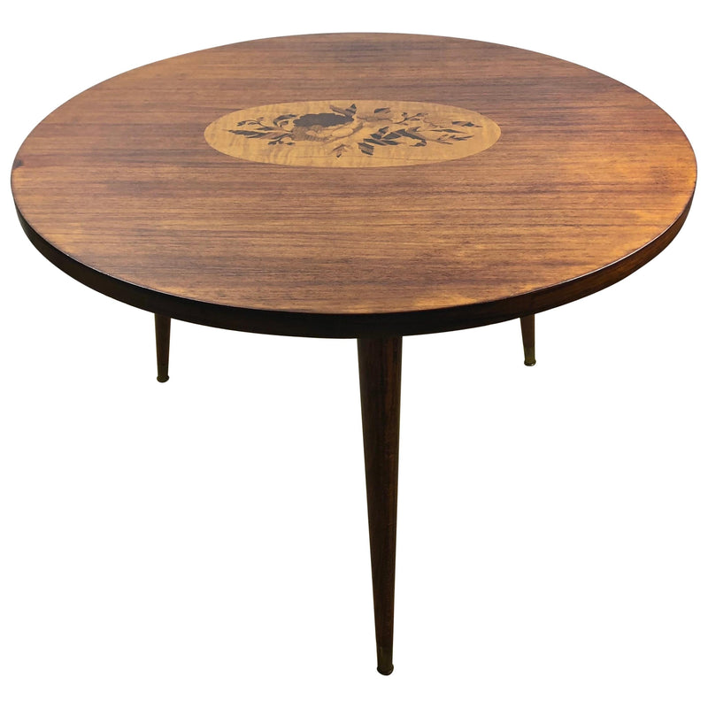 French cocktail table with a marquetry center panel in contrasting wood veneers