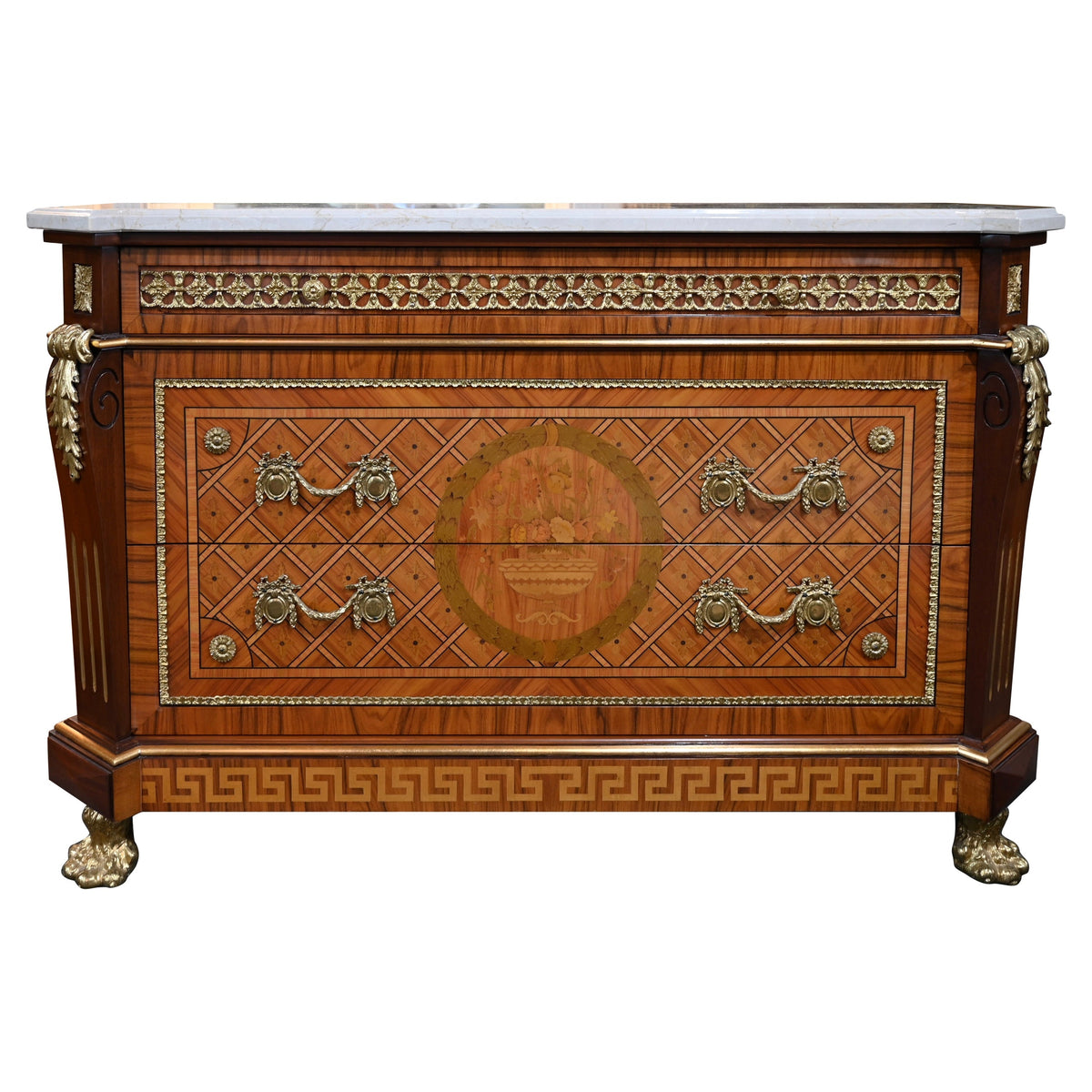 Louis XVI style ormolu-mounted commode with an Italian white marble top