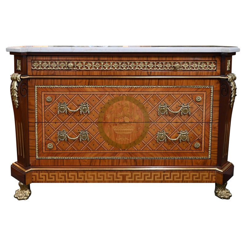 Louis XVI style ormolu-mounted commode with an Italian white marble top