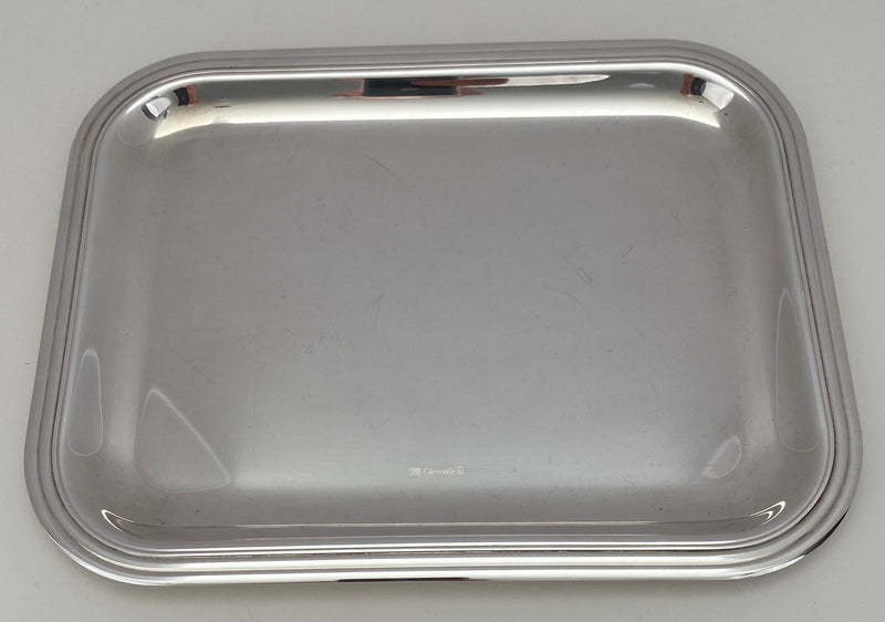 Small French Art Deco silver-plated cocktail tray by Christofle, with a faceted rim and rounded rectangular form