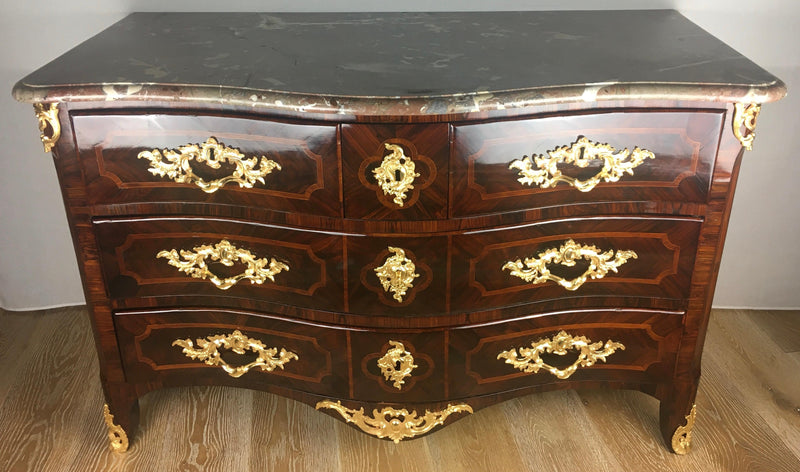 French Louis XV style bombe commode with ormolu mounts and original marble top, stamped by the ebeniste Przirembel