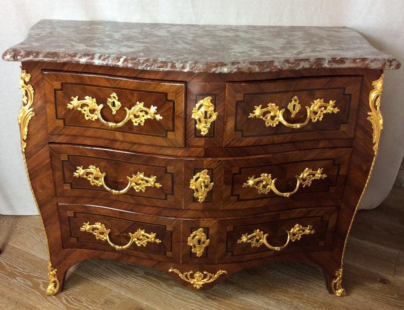 French Louis XV style kingwood commode stamped P. Roussel, with ormolu mounts and original marble top, 18th century