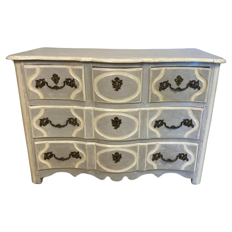 18th century French Louis XV provincial painted commode with serpentine front and five drawers, soft blue and grey