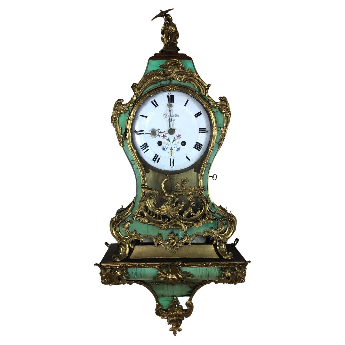 French Louis XV cartel wall clock in corne verte and ormolu with white enamel dial, circa 1750