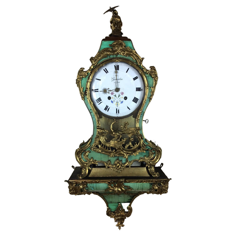 French Louis XV cartel wall clock in corne verte and ormolu with white enamel dial, circa 1750
