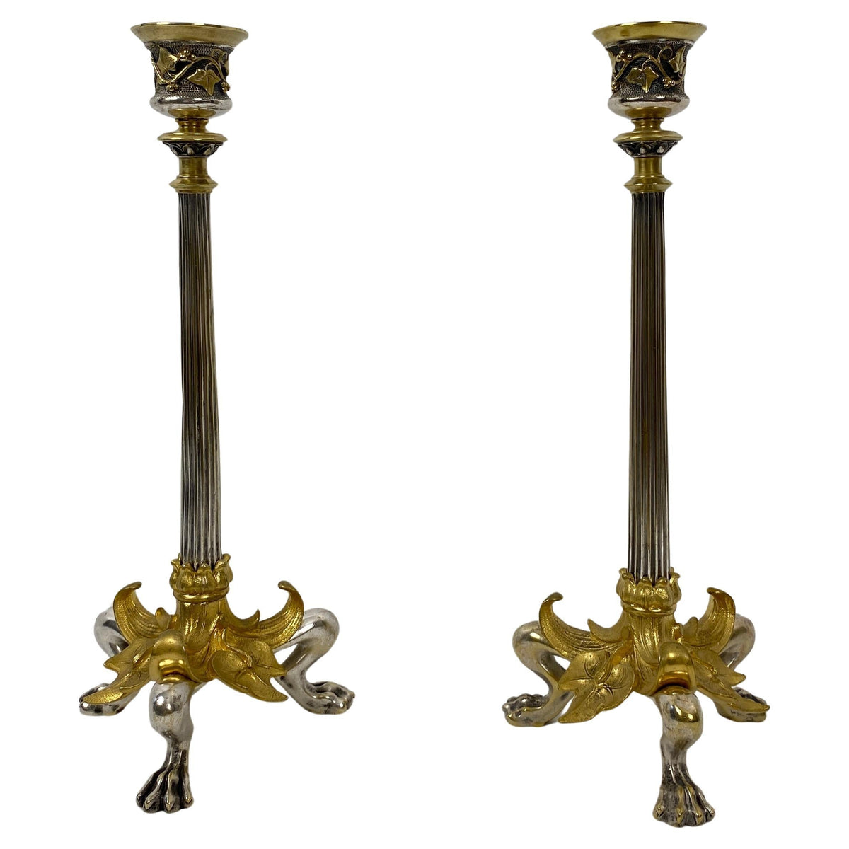 Pair of French Empire gilt bronze candlesticks with hoofed faun feet, late 19th century