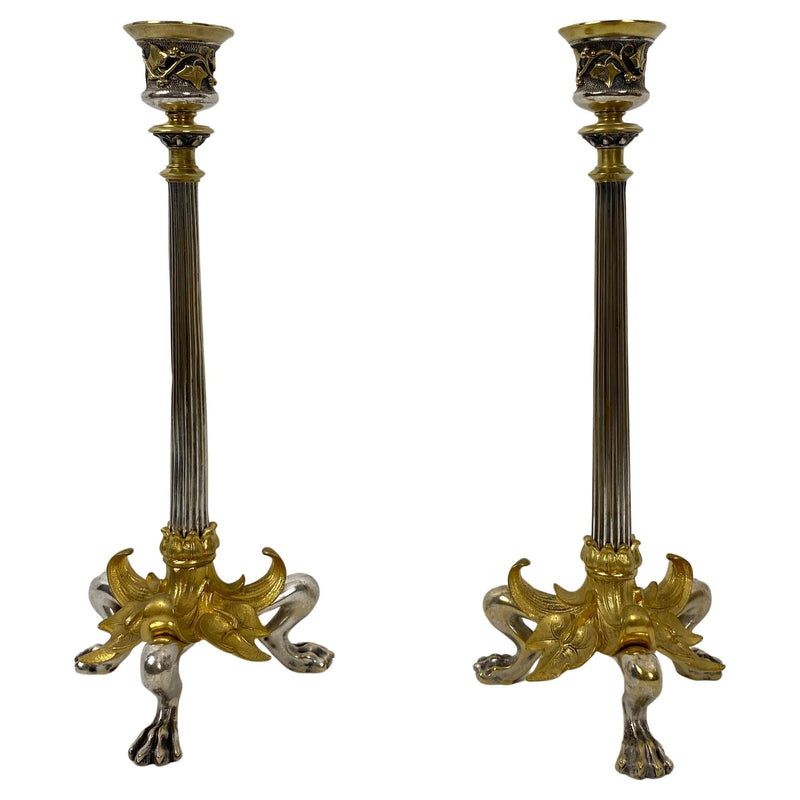 Pair of French Empire gilt bronze candlesticks with hoofed faun feet, late 19th century
