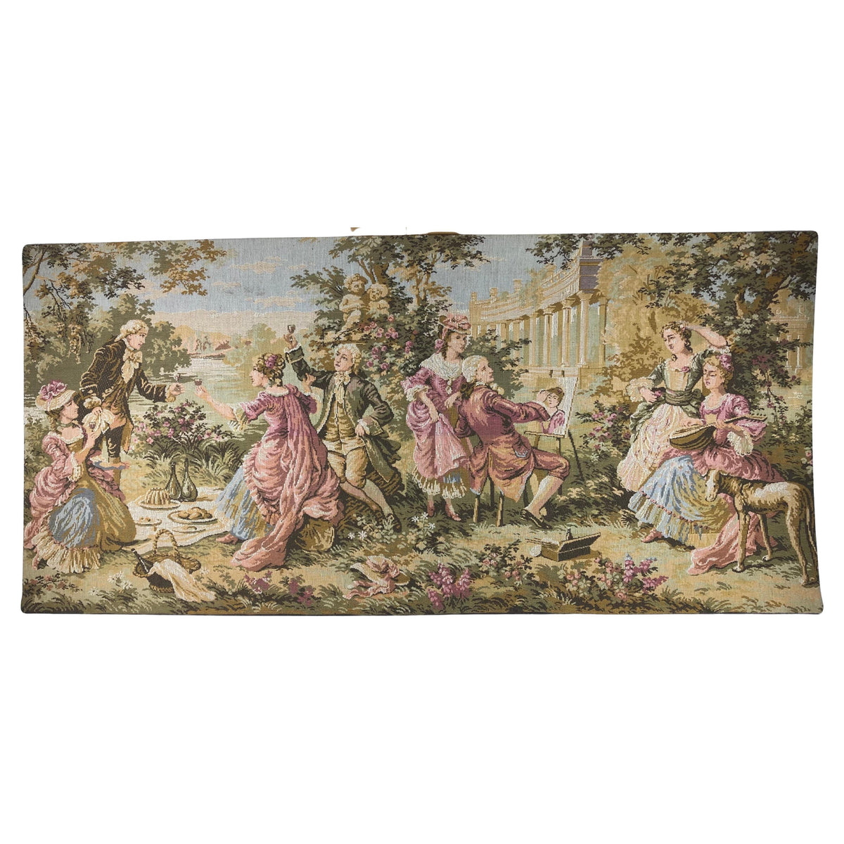 Large French Aubusson Jacquard tapestry showing a fete galante garden gathering with a wine toast, a painter at an easel and a distant chateau