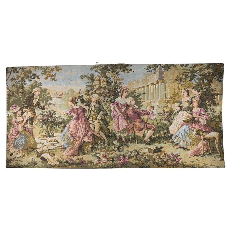 Large French Aubusson Jacquard tapestry showing a fete galante garden gathering with a wine toast, a painter at an easel and a distant chateau