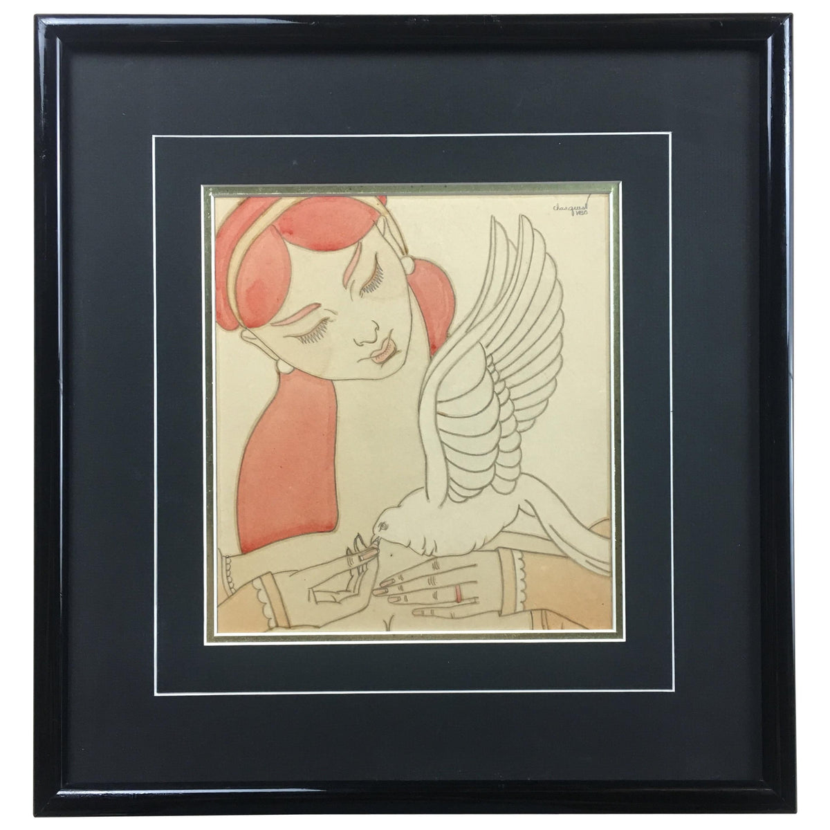French Art Deco Painting Exotic Woman Holding a Dove Signed Chasquest Dated 1930