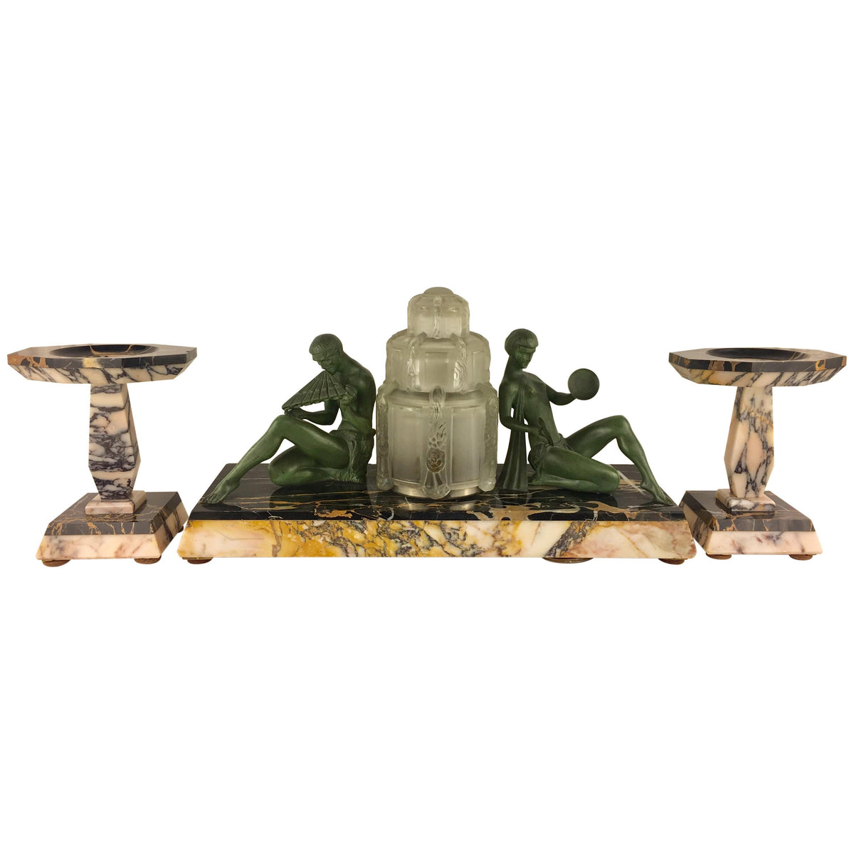 Marius-Ernest Sabino French Art Deco Table Lamp and Garniture Set, Signed