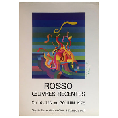 Original Midcentury Abstract Art Exhibition Poster, Signed Rosso Dated 1975