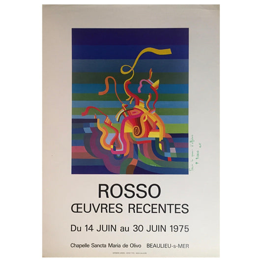 Original Midcentury Abstract Art Exhibition Poster, Signed Rosso Dated 1975