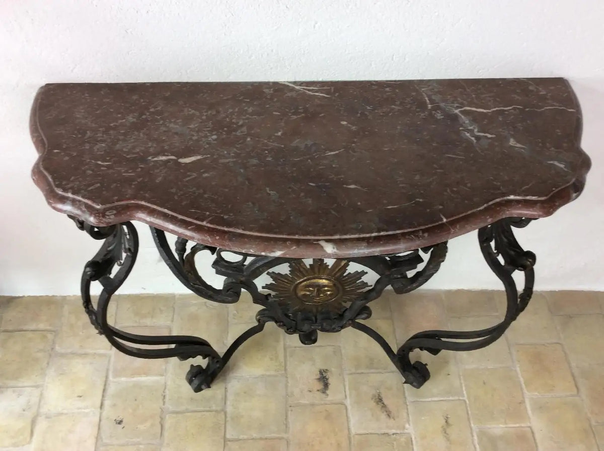 18th Century Louis XIV Wrought Iron Console with Soleil Symbol/Fleur-de-Lis — detail 2
