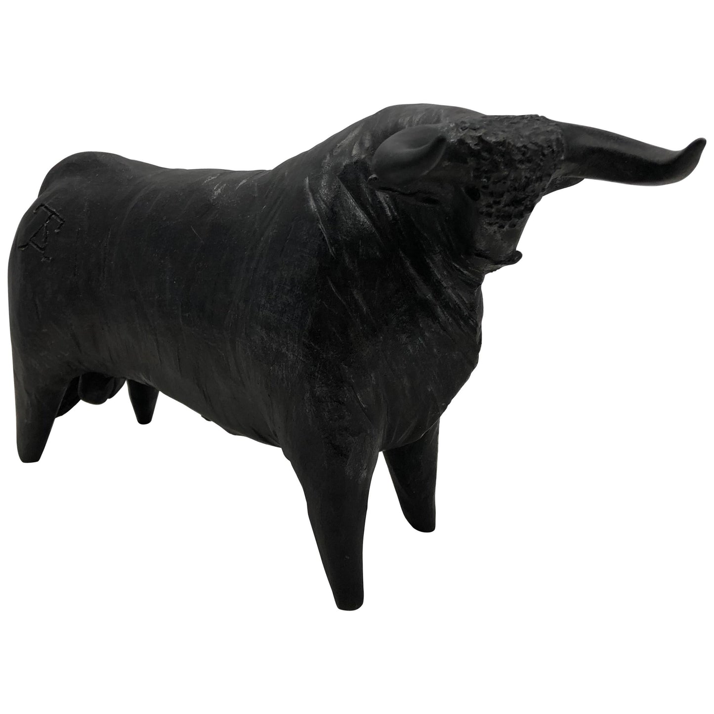 French Mid-Century Carved Earthenware Bull Sculpture Signed Tali, 1970s