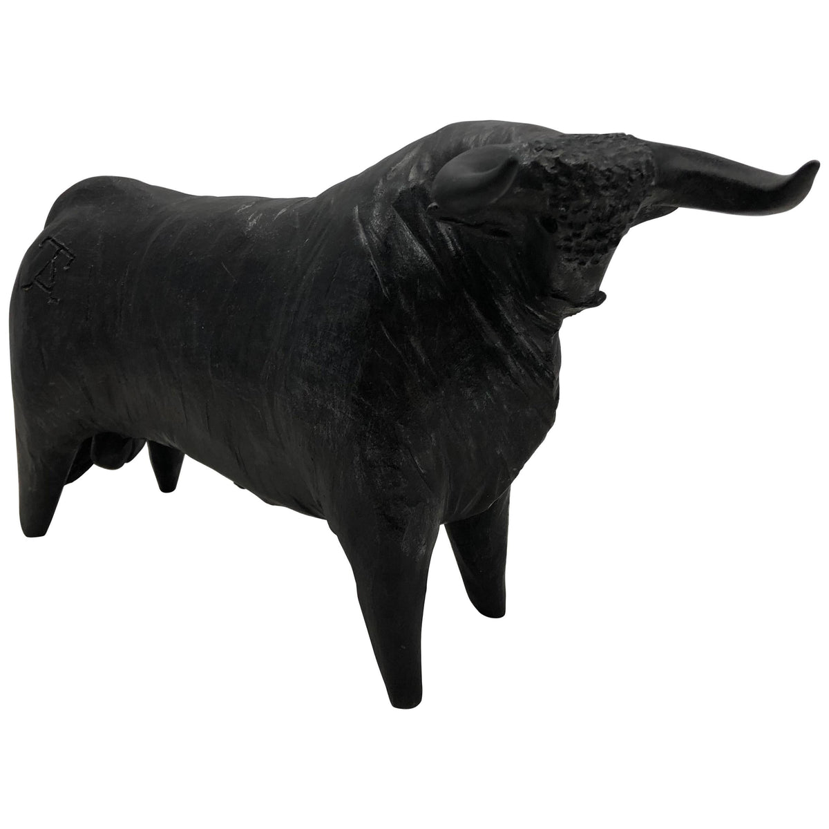 French Mid-Century Carved Earthenware Bull Sculpture Signed Tali, 1970s