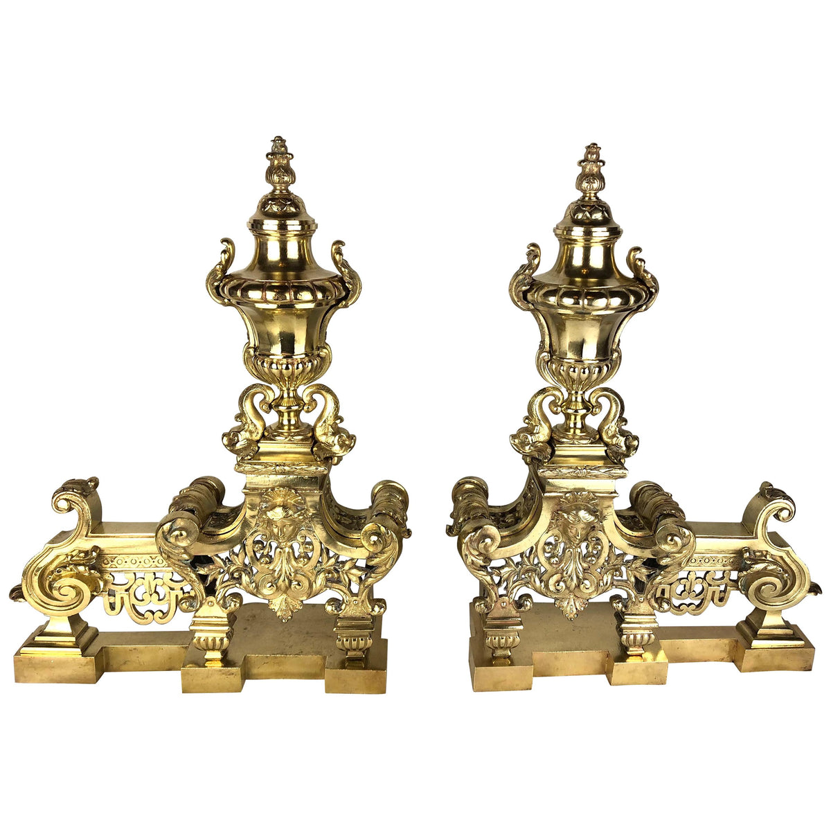 18th Century French Louis XVI Gilded Bronze Fireplace Chenets or Urn Andirons