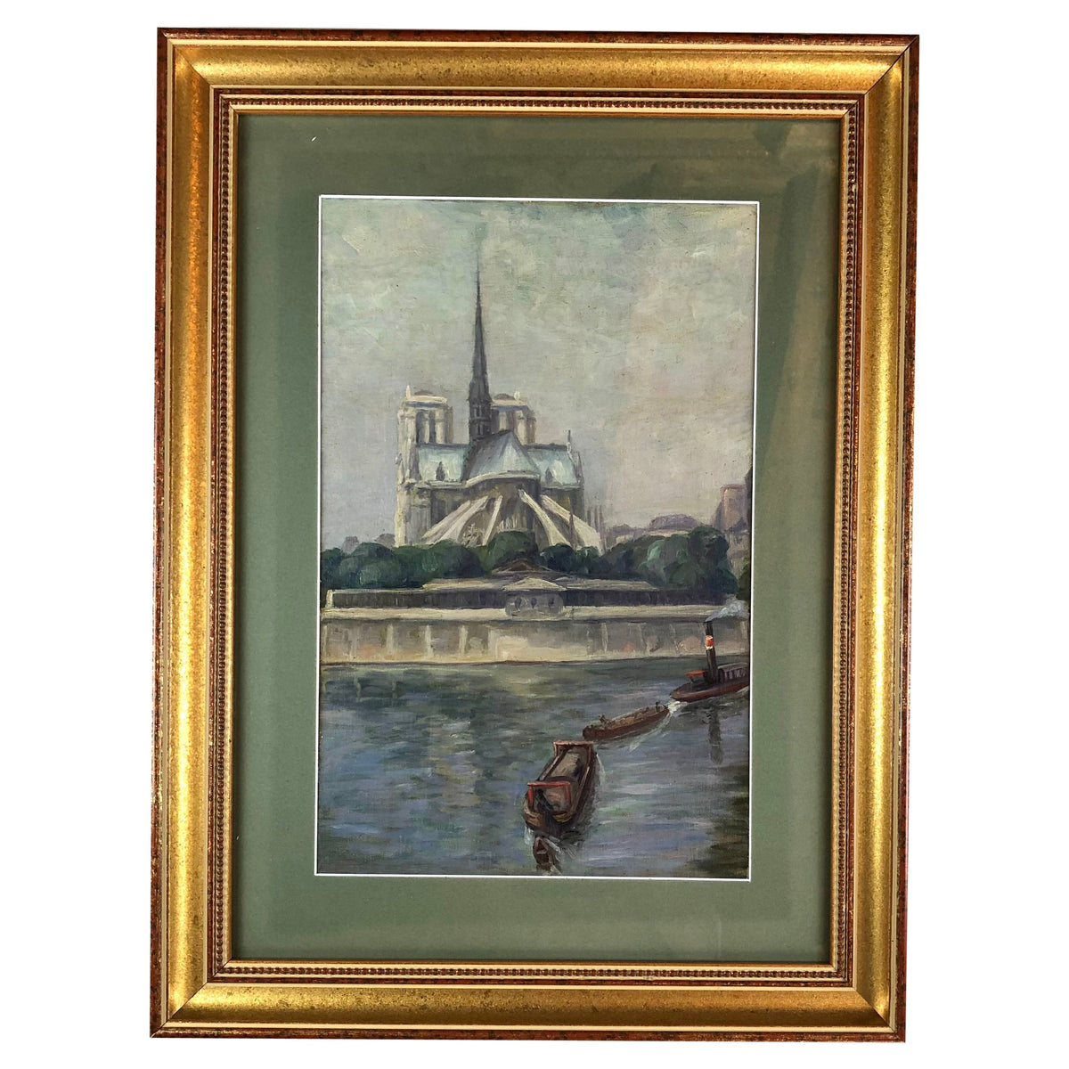 Oil on Canvas Painting of Notre Dame Cathedral and the Seine in Paris, France