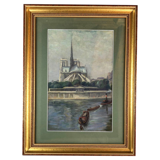 Oil on Canvas Painting of Notre Dame Cathedral and the Seine in Paris, France