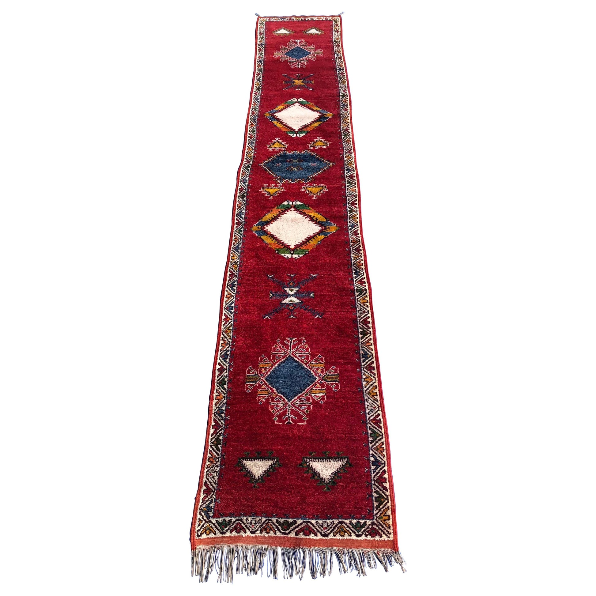 Vintage Moroccan Tribal Rug or Runner Vibrant Red and Accentuating Blue & White
