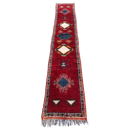 Vintage Moroccan Tribal Rug or Runner Vibrant Red and Accentuating Blue & White