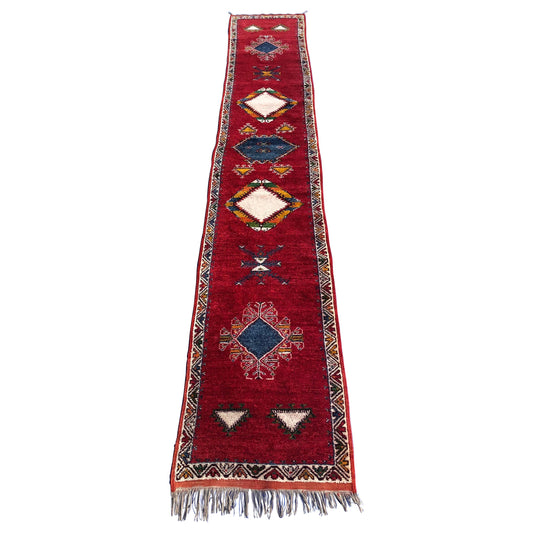Vintage Moroccan Tribal Rug or Runner Vibrant Red and Accentuating Blue & White