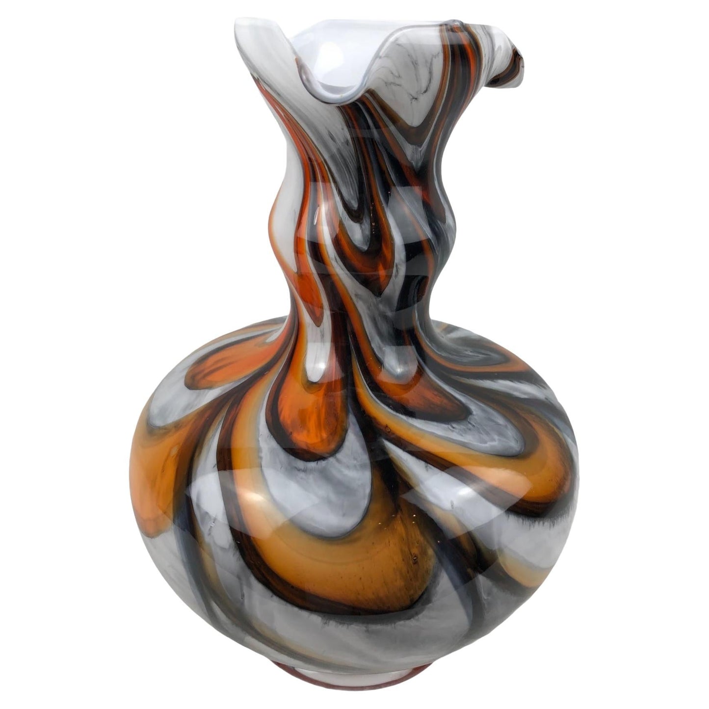 Murano Art Glass Vase with Swirl Designs, Brown White Orange