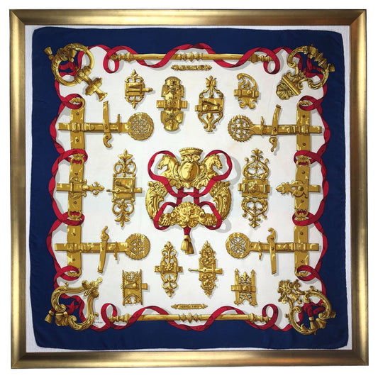 Elegant Vintage Hermes Scarf, Navy Red & Gold by Caty de Savigny