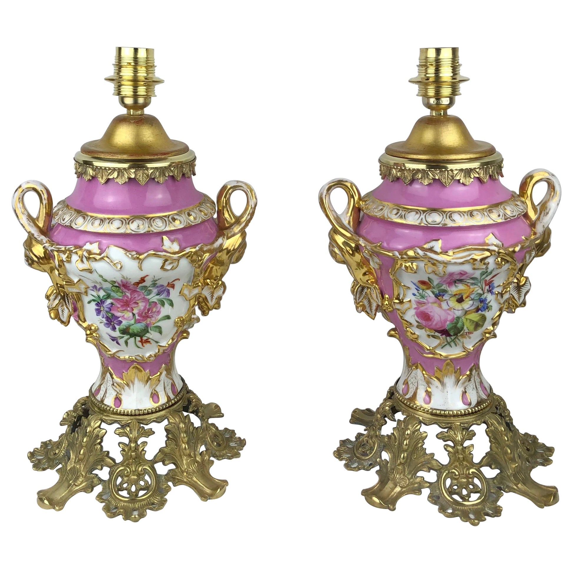 Pair of 19th Century Porcelain Ormolu Mounted Table Lamps by Sevres