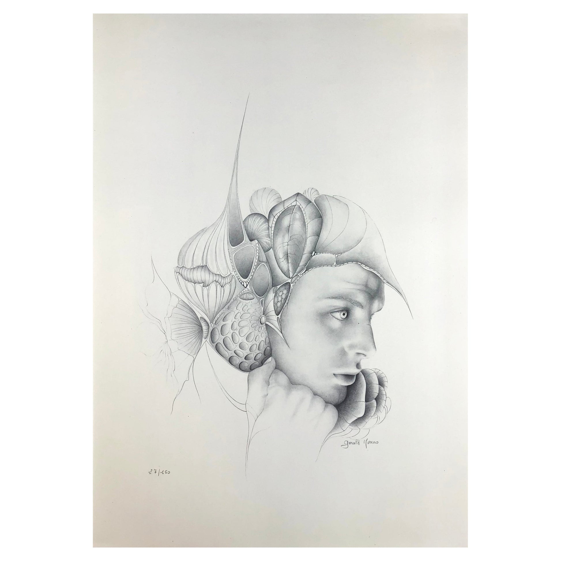 Dali Inspired French Surrealist Drawing by Gerald Moreno, Signed