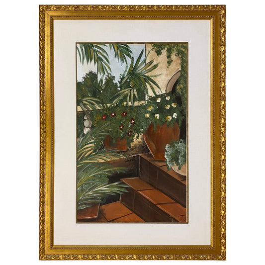 Large Oil on Paper Painting Tropical Palm Trees in Gilt Wood Frame