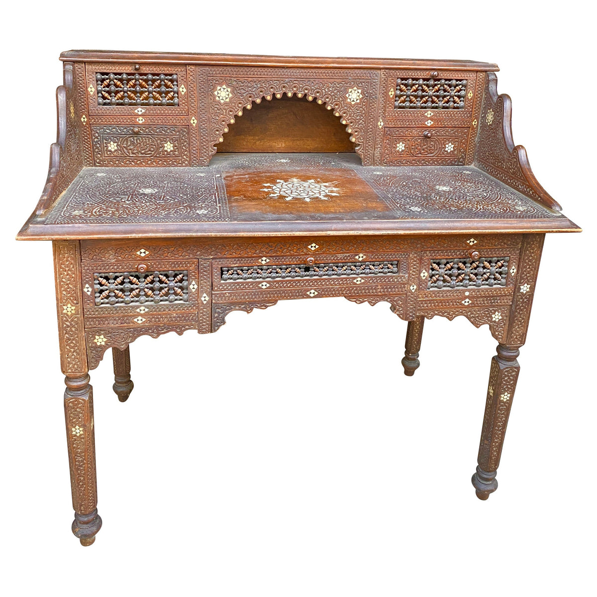 Antique Writing Desk and Chair Set circa 1920s, Moorish Style Inlaid Desk