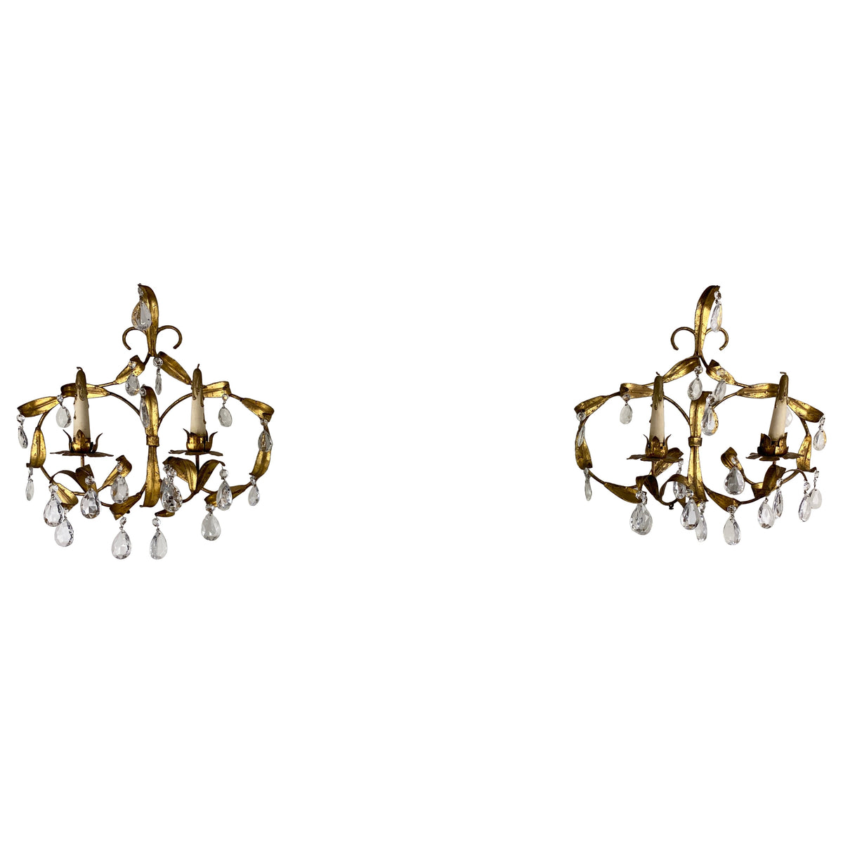 Pair of Maison Bagues Style Sconces Vintage Gold & Crystal, French MCM Sconces