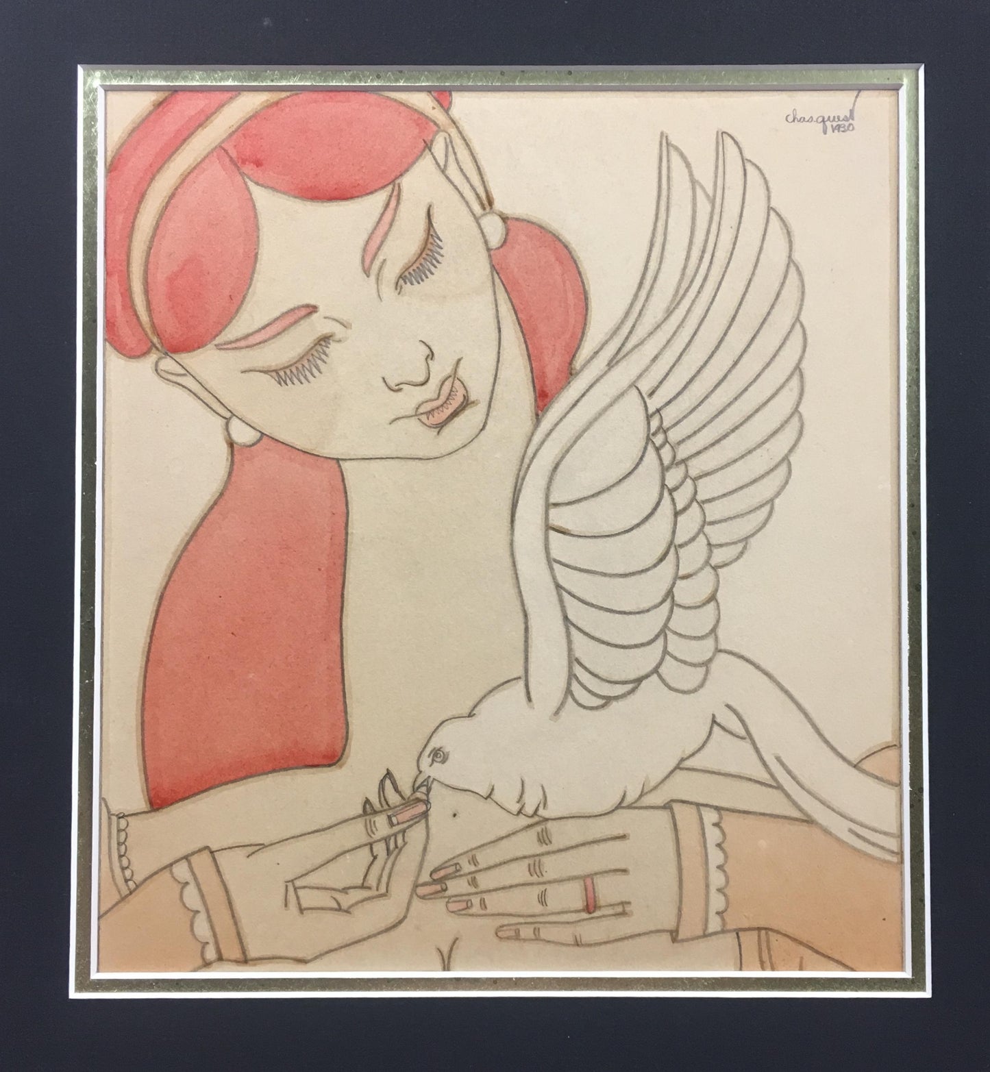 French Art Deco Painting Exotic Woman Holding a Dove Signed Chasquest Dated 1930 — detail 3