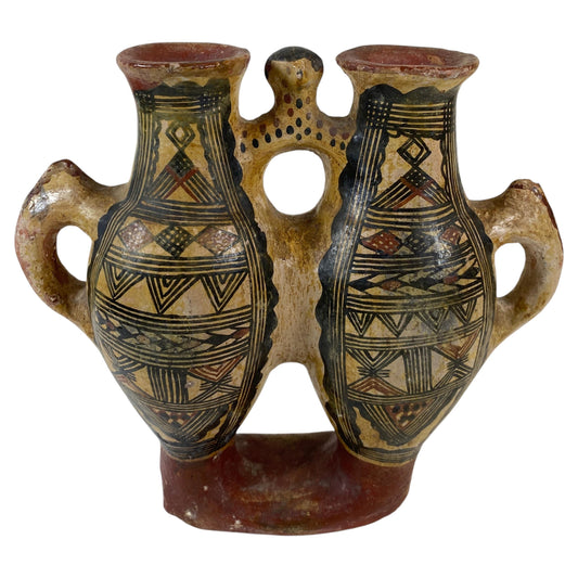 Vintage Double-Chamber Geometric Ceramic Vessel, Marked and Dated 11-8-54