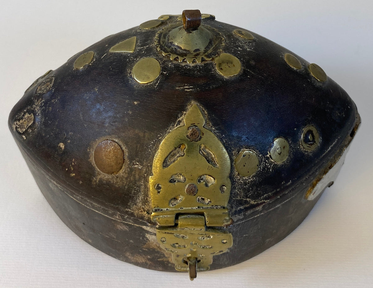 Antique African Wood & Brass Domed Trinket Box with Pierced Brass Clasp — detail 5