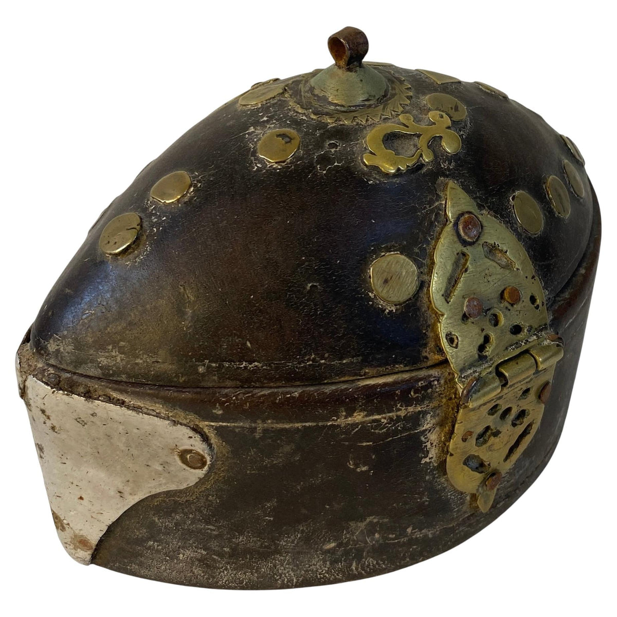 Antique African Wood & Brass Domed Trinket Box with Pierced Brass Clasp