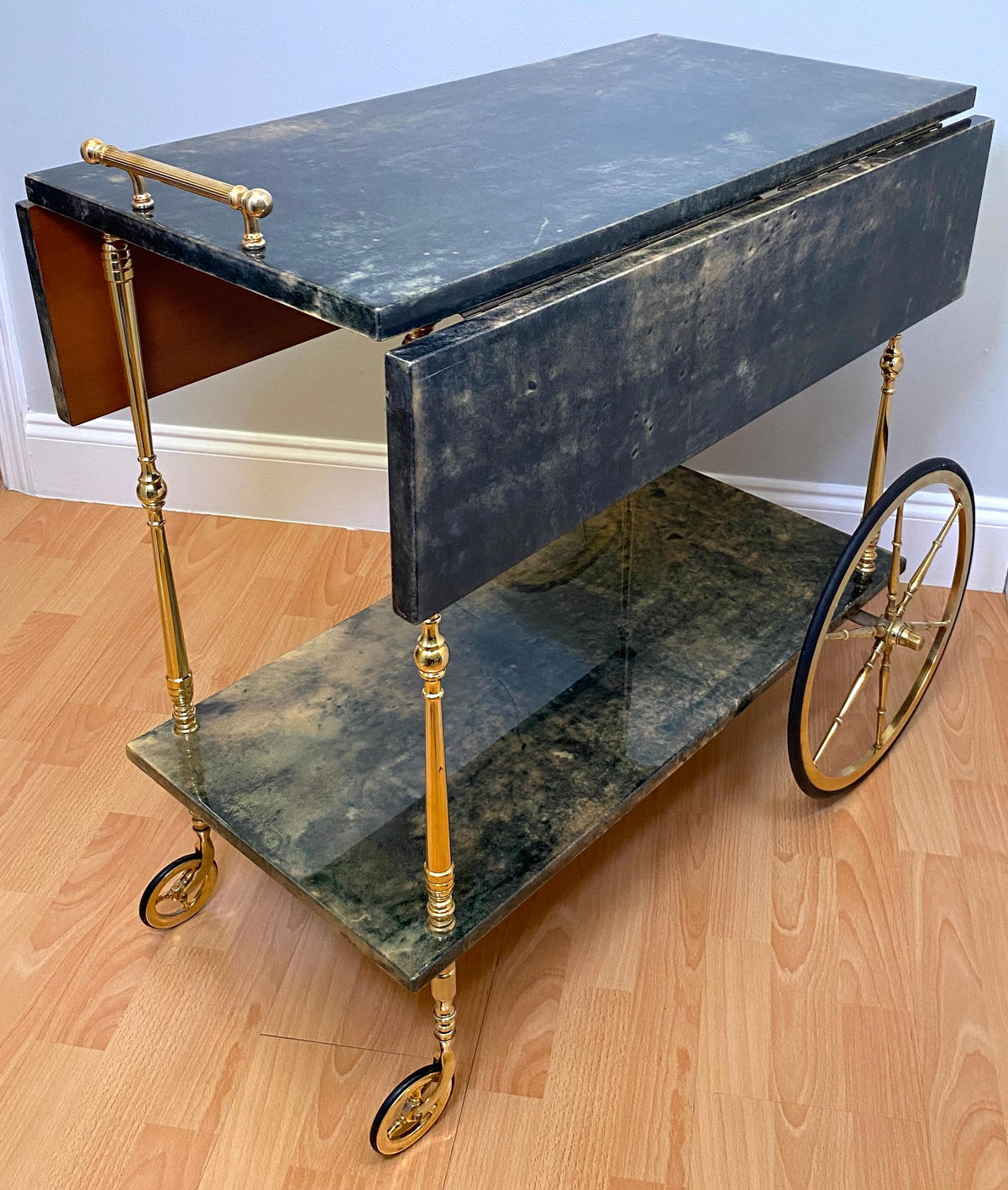 Aldo Tura Green Lacquered Goatskin Bar Cart, Brass Two-Tier Folding Drinks Trolley, Italy 1960s — detail 3