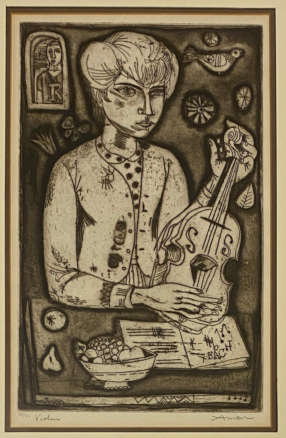 Color Lithograph by Irving Amen, Titled "Violin" — detail 2