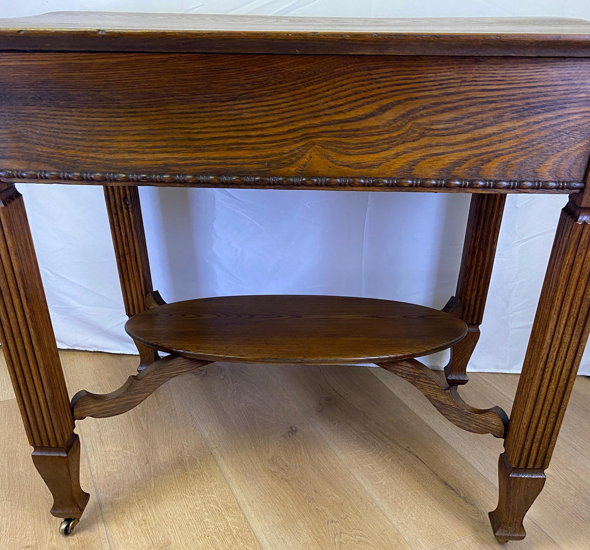 Elegant Vintage Oak Side Table with Drawer & Lower Shelf – Classic Fluted Legs — detail 4
