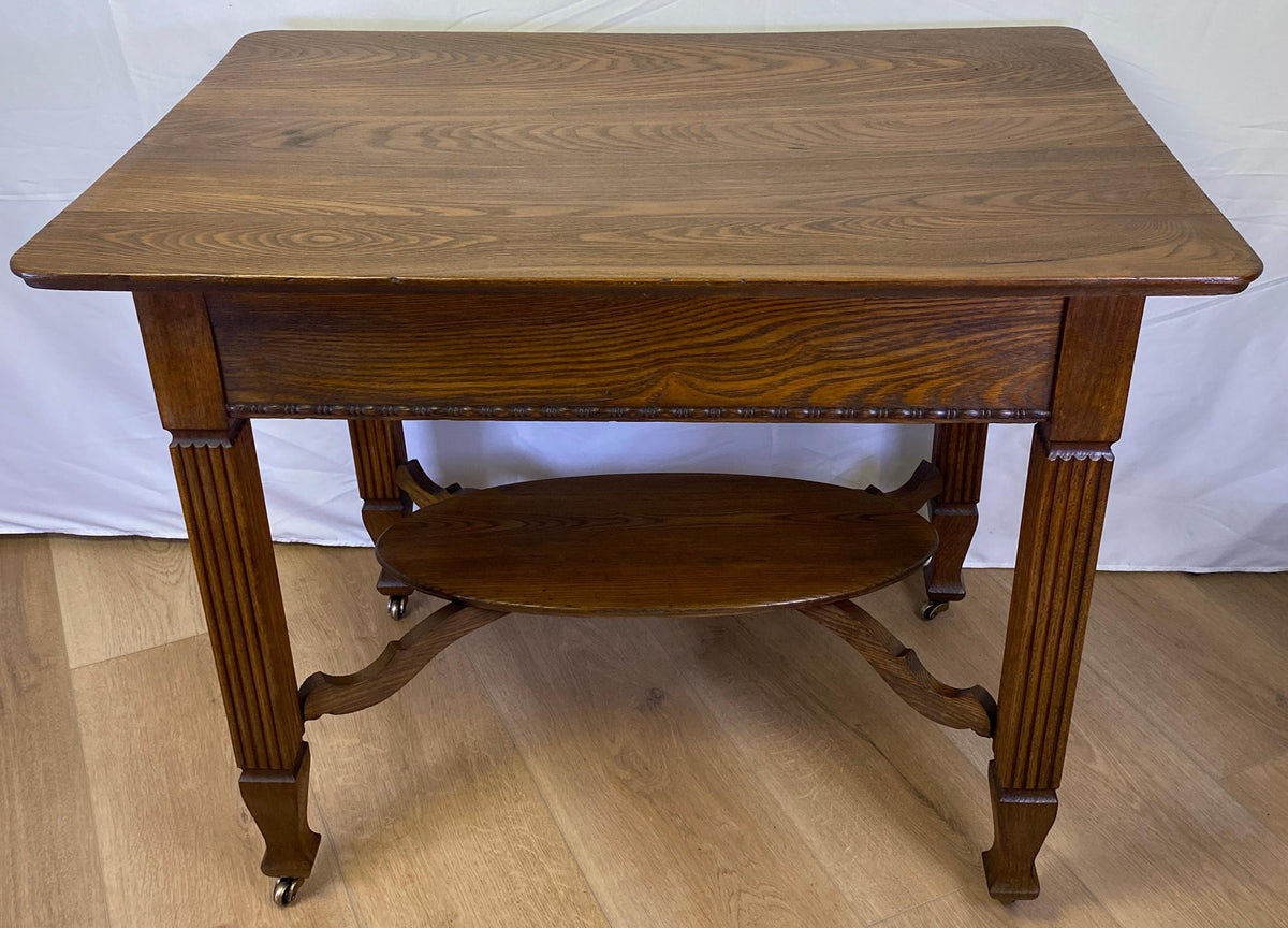 Elegant Vintage Oak Side Table with Drawer & Lower Shelf – Classic Fluted Legs — detail 5