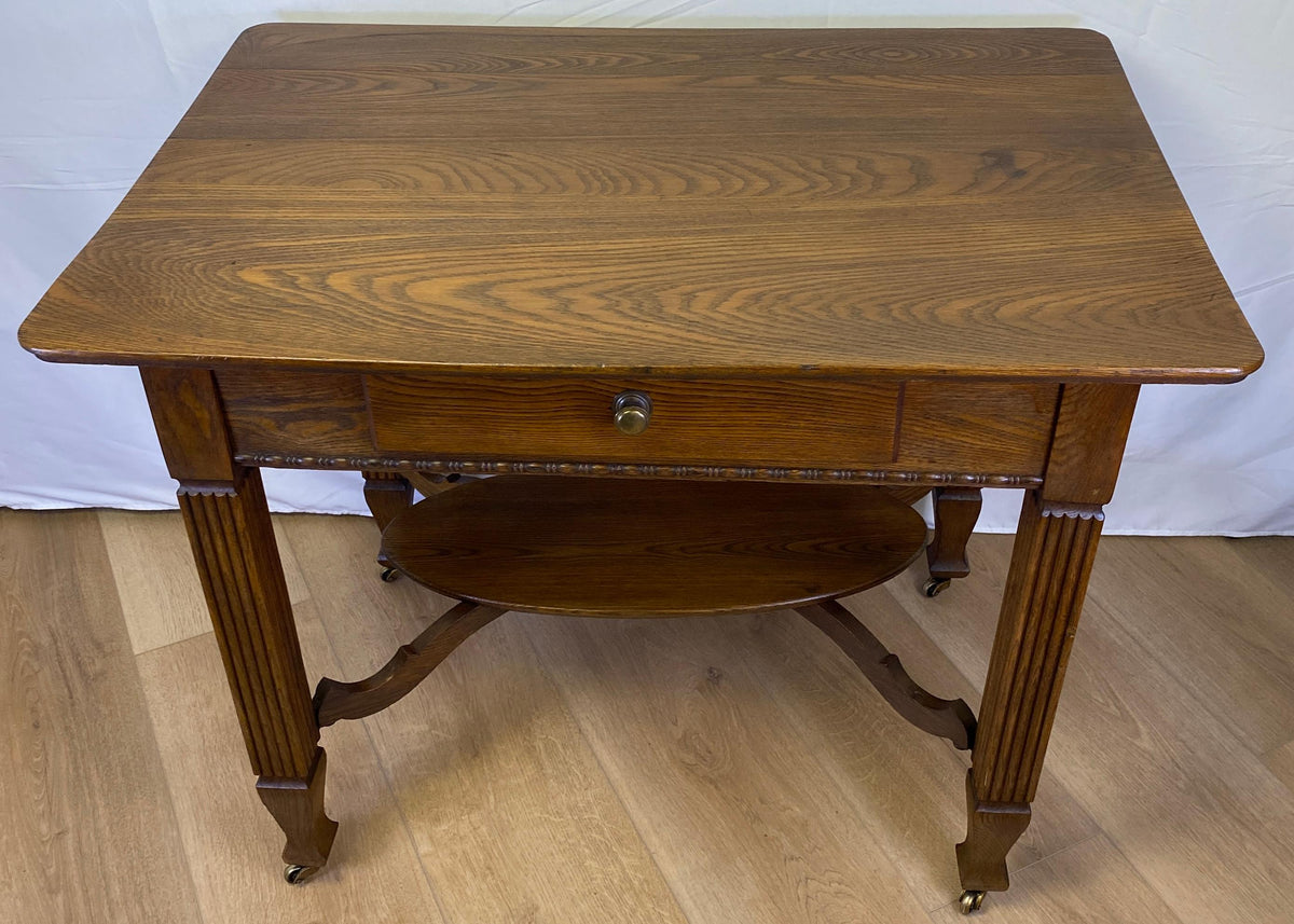 Elegant Vintage Oak Side Table with Drawer & Lower Shelf – Classic Fluted Legs — detail 7