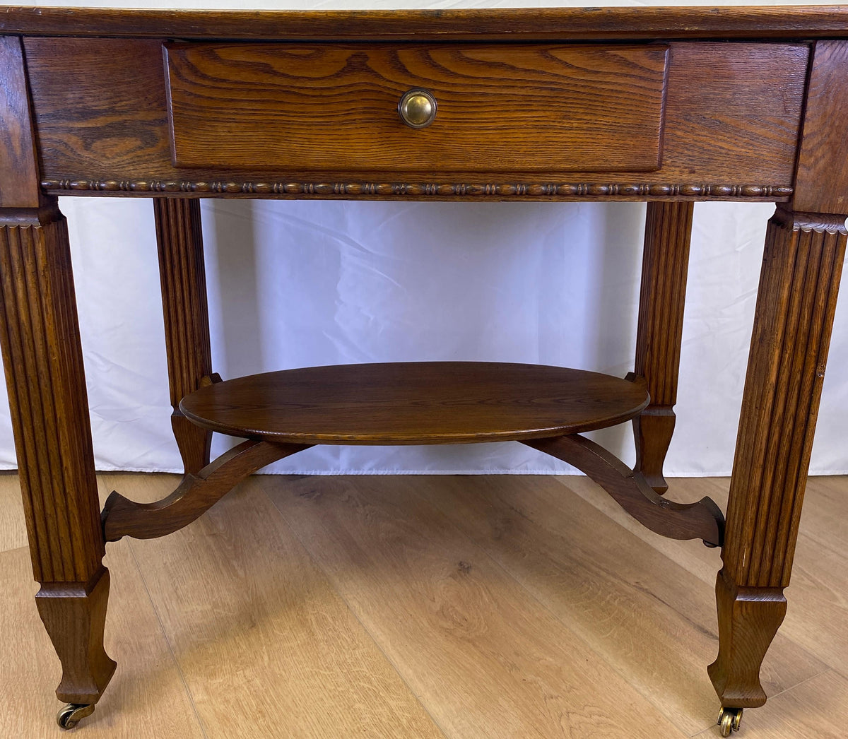Elegant Vintage Oak Side Table with Drawer & Lower Shelf – Classic Fluted Legs — detail 8