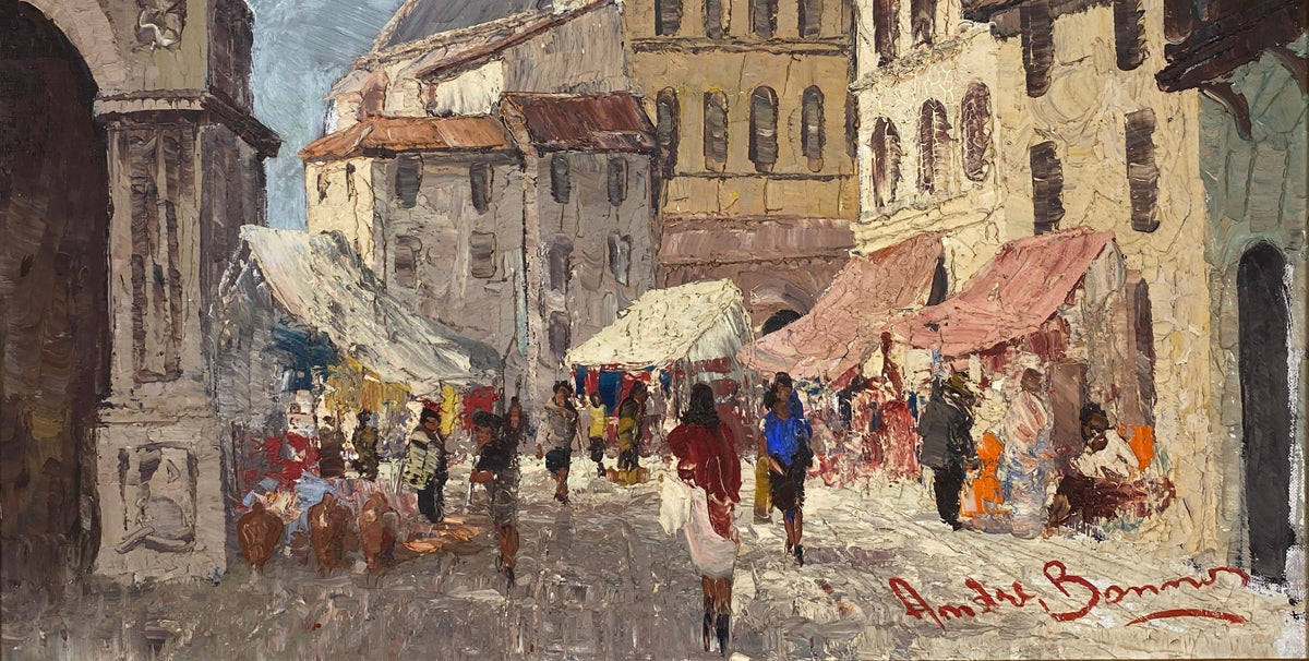 French Village Street Scene Oil on Canvas Painting, Busy Street in France — detail 4