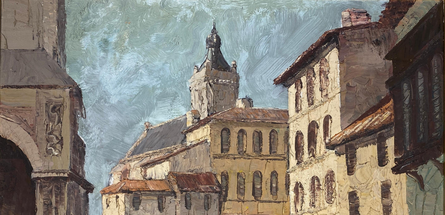 French Village Street Scene Oil on Canvas Painting, Busy Street in France — detail 6