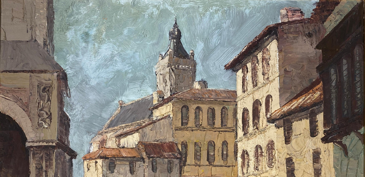 French Village Street Scene Oil on Canvas Painting, Busy Street in France — detail 6