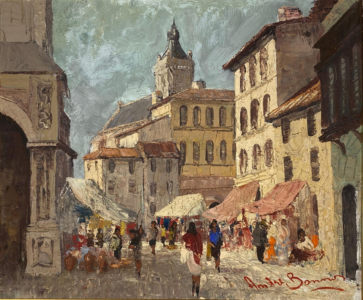 French Village Street Scene Oil on Canvas Painting, Busy Street in France — detail 7
