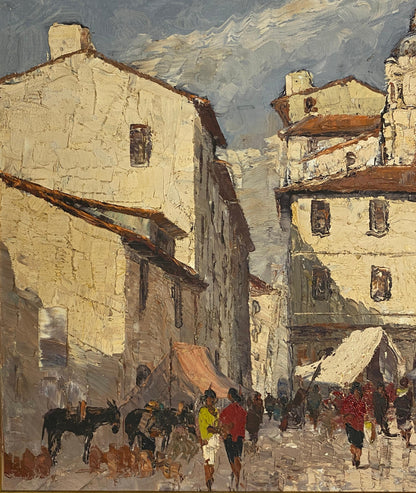 French Village Scene, Oil on Canvas Painting Village in France — detail 4